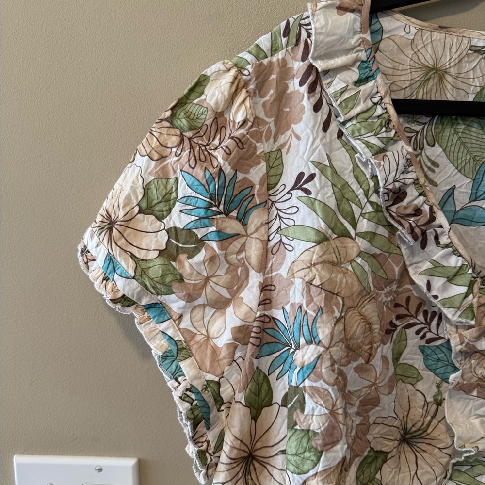 Caribbean Joe Cream w/Brown/Turquoise/Green/Tan Tropical Floral Print Top - Picture 7 of 12
